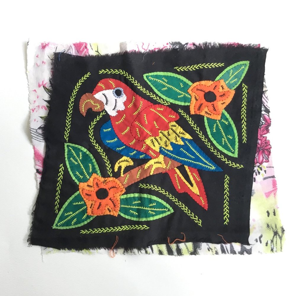 Mola Reverse Applique Parrot Bird Floral Colorful Textile Fiber Art